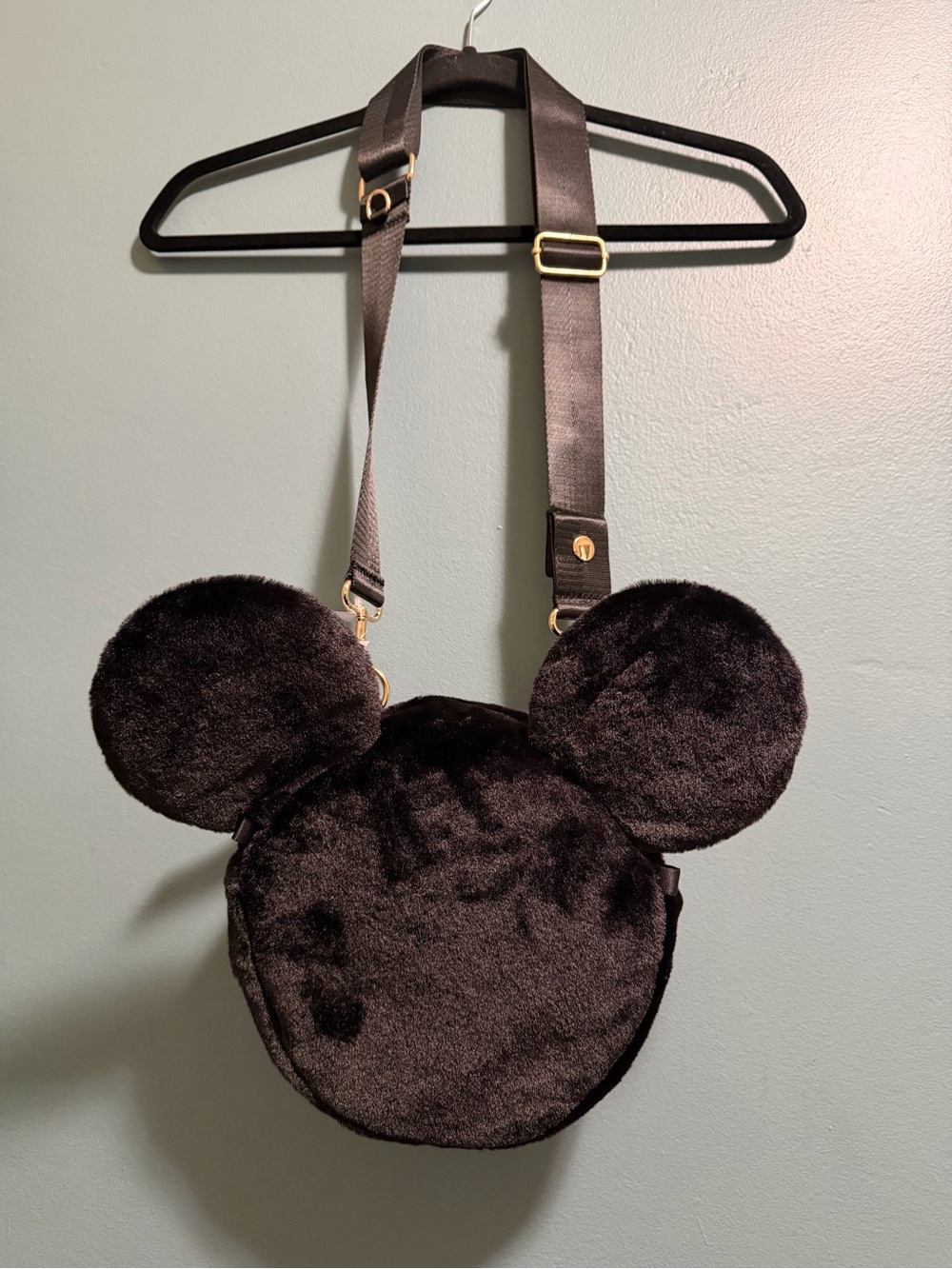 Disney Mickey Mouse Icon Plush Faux Fur Crossbody Bag w/ Adjustable Strap Black